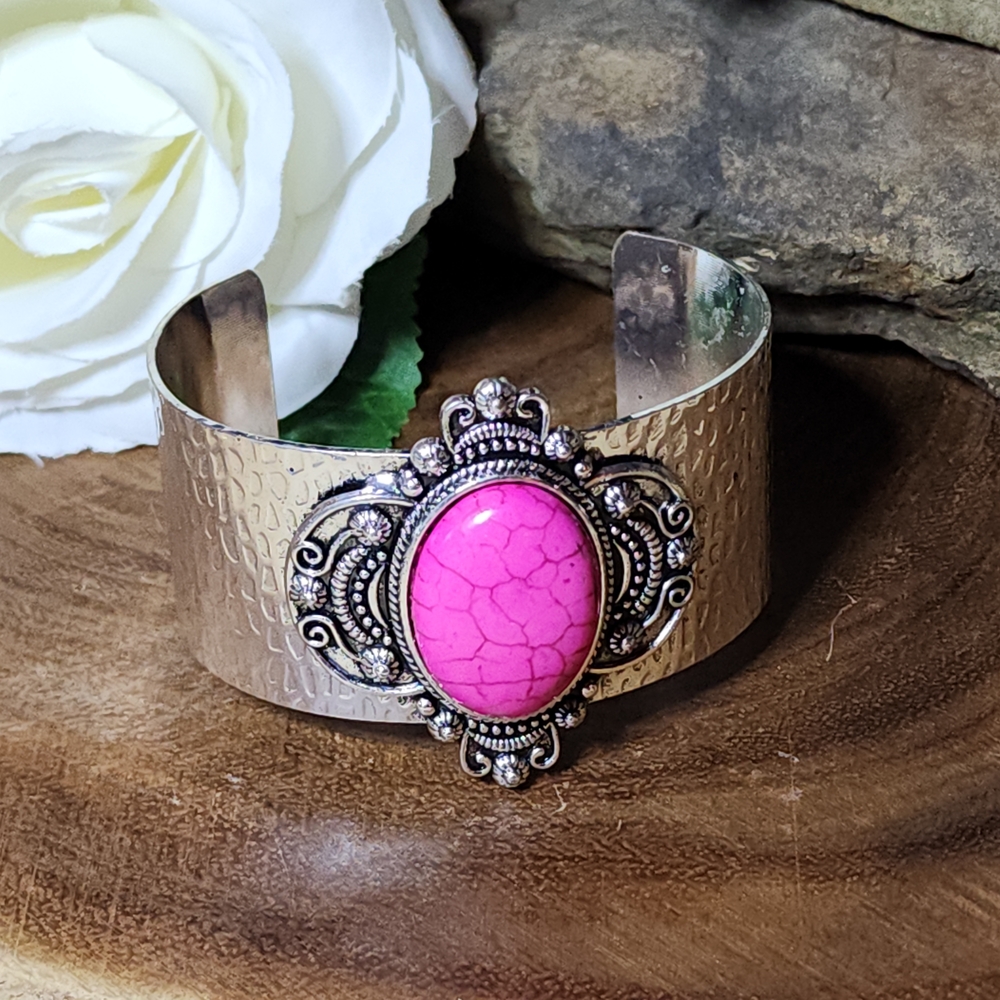 Pink and Silver Toned Cuff Bangle Bracelet